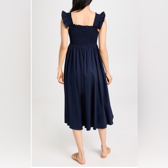 Petite Plume Navy Cotton Twill Margaux Smocked Midi Dress Size Large - Picture 2 of 5